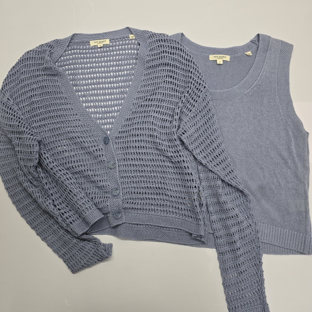 Max Studio London Blue 2-Piece Knit Set Cardigan and Tank Top Small 5704520